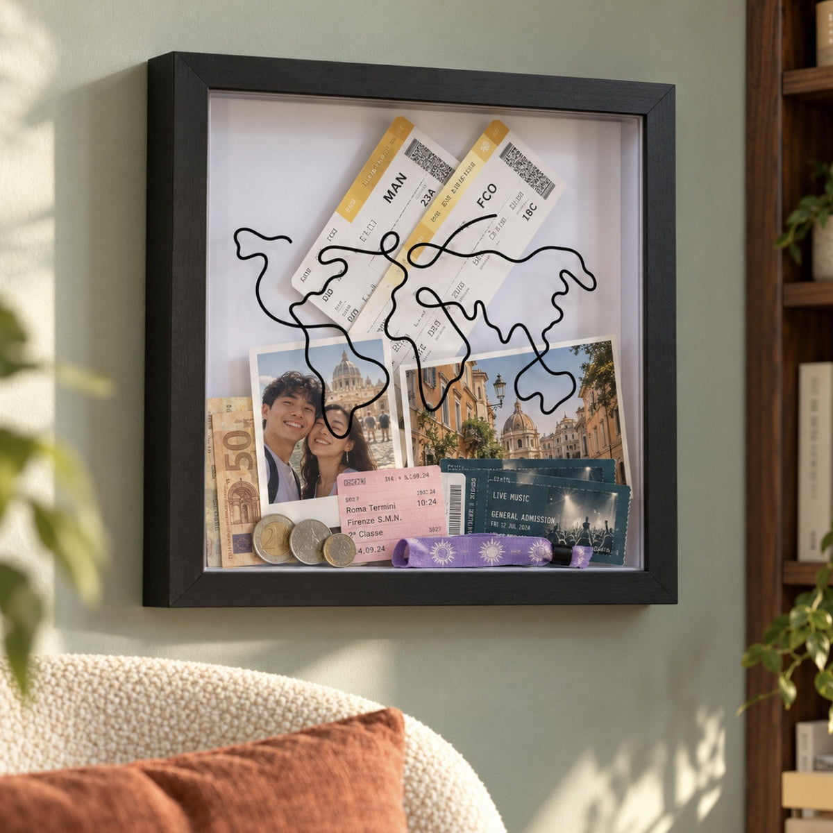 Black Wandersake Memory Box on a sage green living room wall, displaying Manchester to Rome boarding passes, a couple's photo and gig tickets behind a black wire world map
